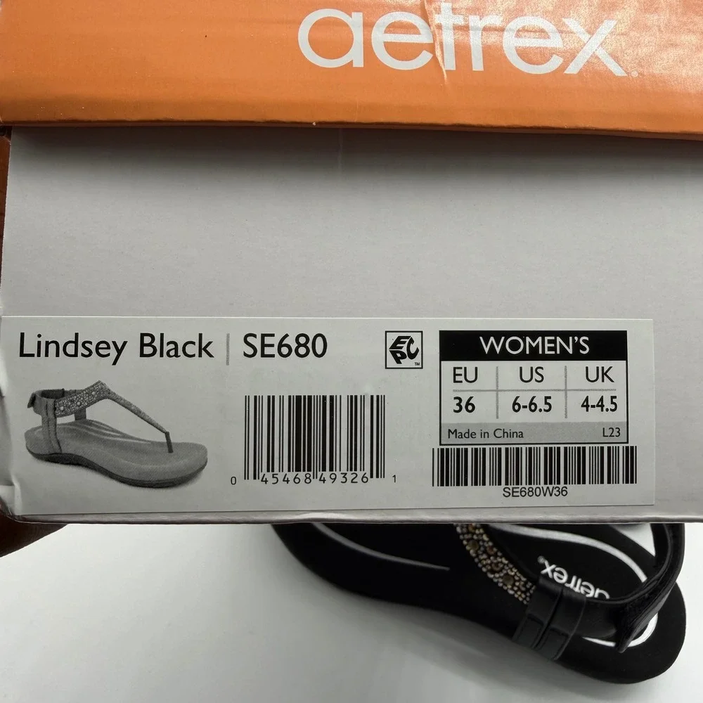 Aetrex Lindsey Black SE680 Women's Orthotic T-Strap Sandals Size 6-6.5 Nee